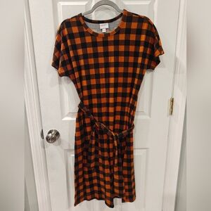 Dress LuLaRoe Small midi tie waist orange black buffalo check Halloween Fall